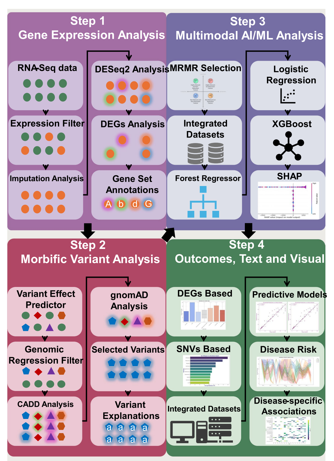 图3 整合基因表达、变异分析和人工智能/机器学习建模的集成流程。该流程始于基于RNA测序的差异基因分析，随后进行致病变异筛选、多模态机器学习，最终输出用于精准医疗的预测模型、风险评估和疾病特异性可视化关联结果。