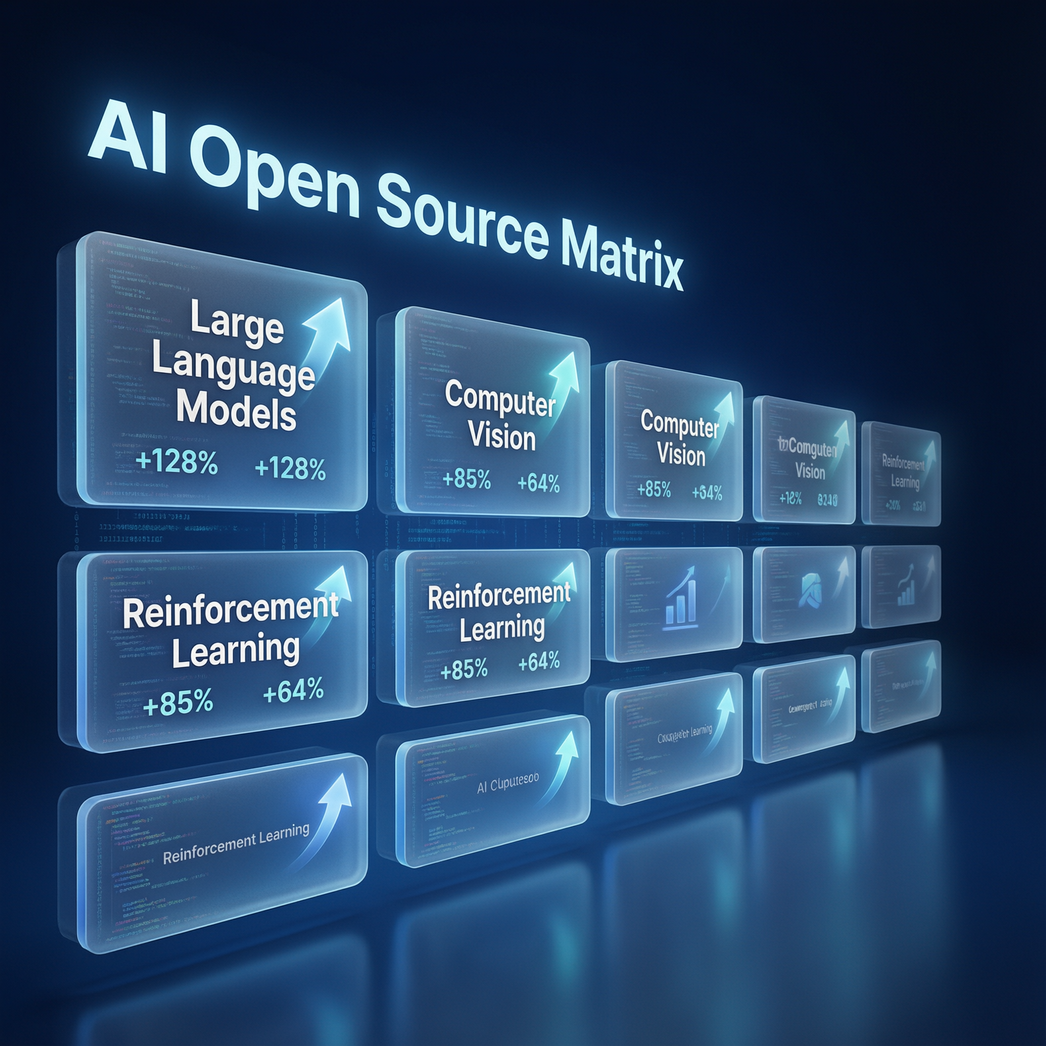 AI 开源项目矩阵海报，展示不同技术栈和增长幅度的立体卡片墙