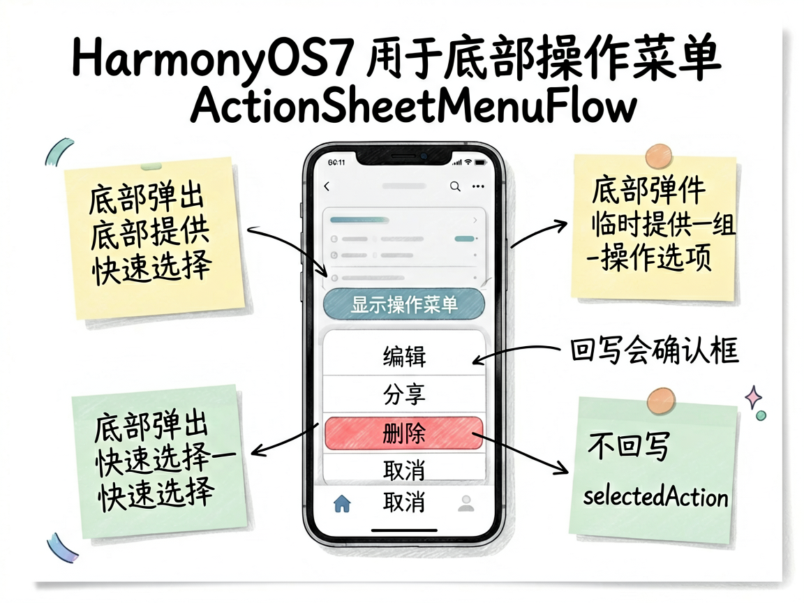 一张适合技术教程文章标题页的手绘笔记风信息图,主题是 HarmonyOS7 的底部操作菜单 Acti