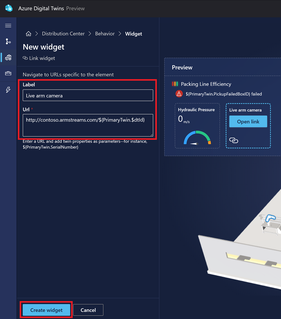 3D 场景工作室中链接小部件的“新小部件”选项的屏幕截图。