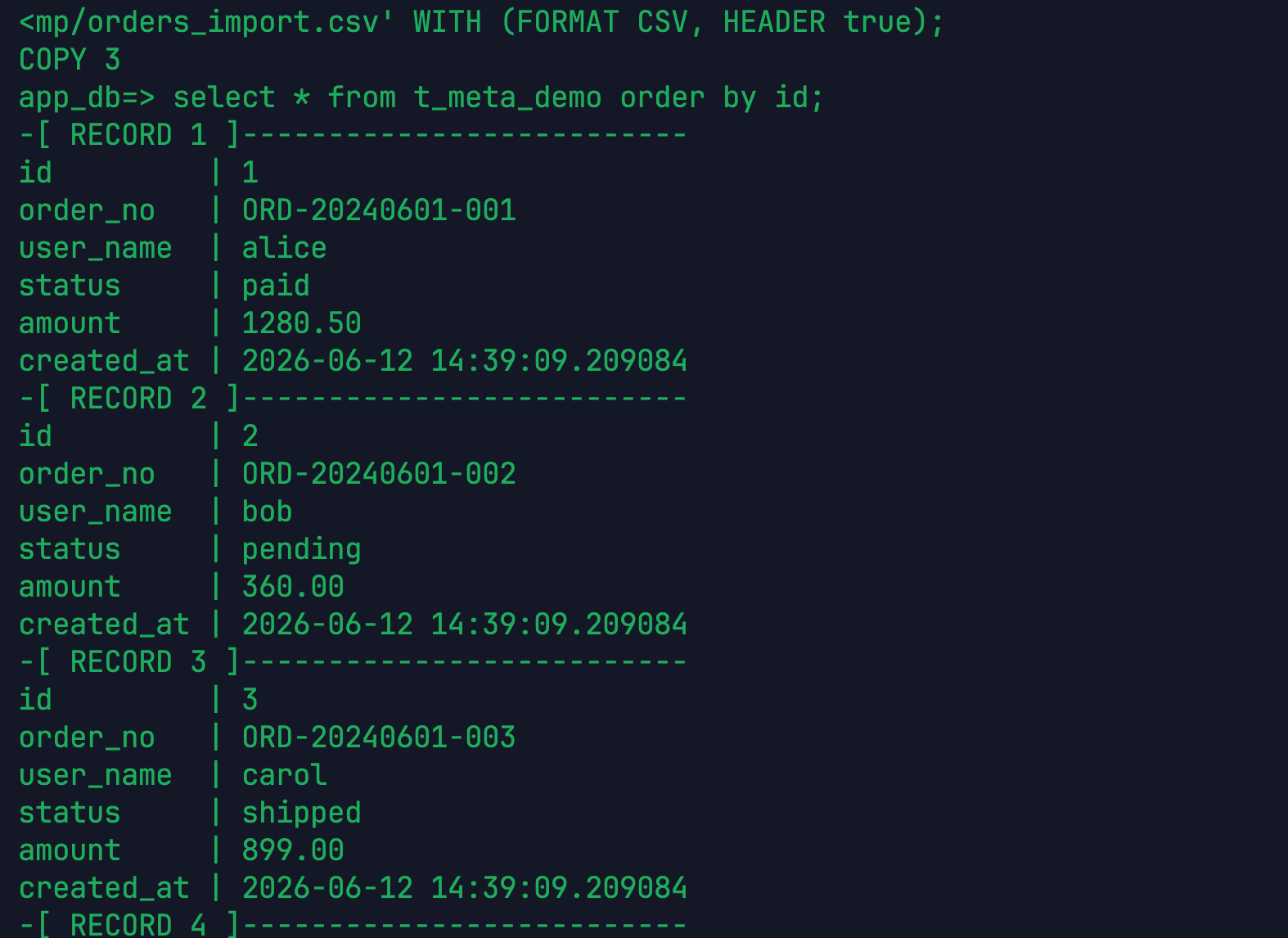 copy 导入 csv 数据