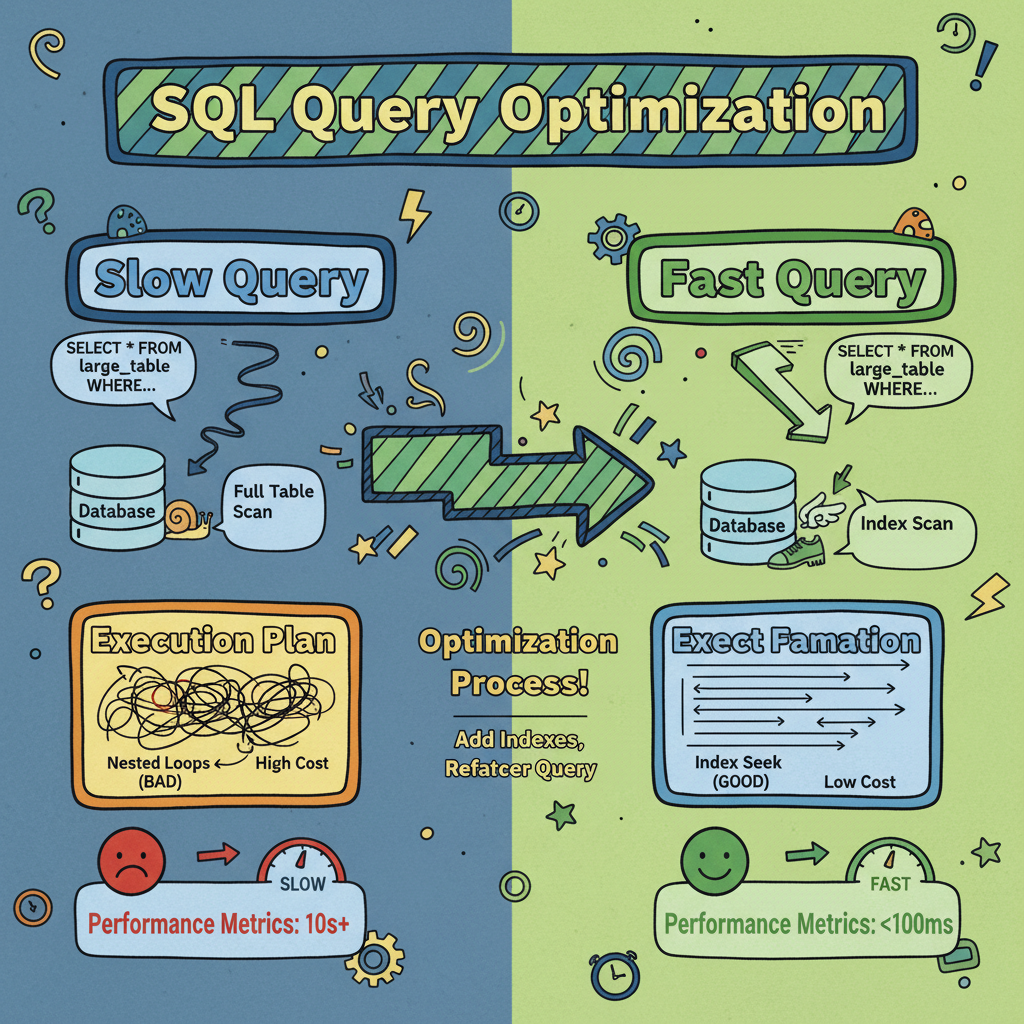 SQL query optimization transforming slow queries into lightning-fast operations with indexes and execution plans