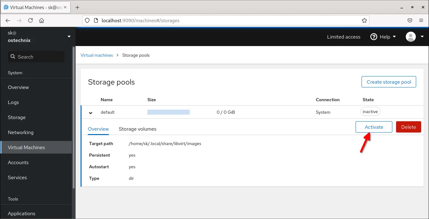 Activate KVM Libvirt storage pool in Cockpit