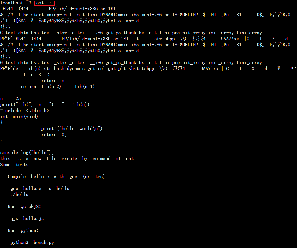 cat *命令显示当前目录下的所有文件内容。很明显看到，前面乱码是可执行文件的内容，后面的是可读文本内容。