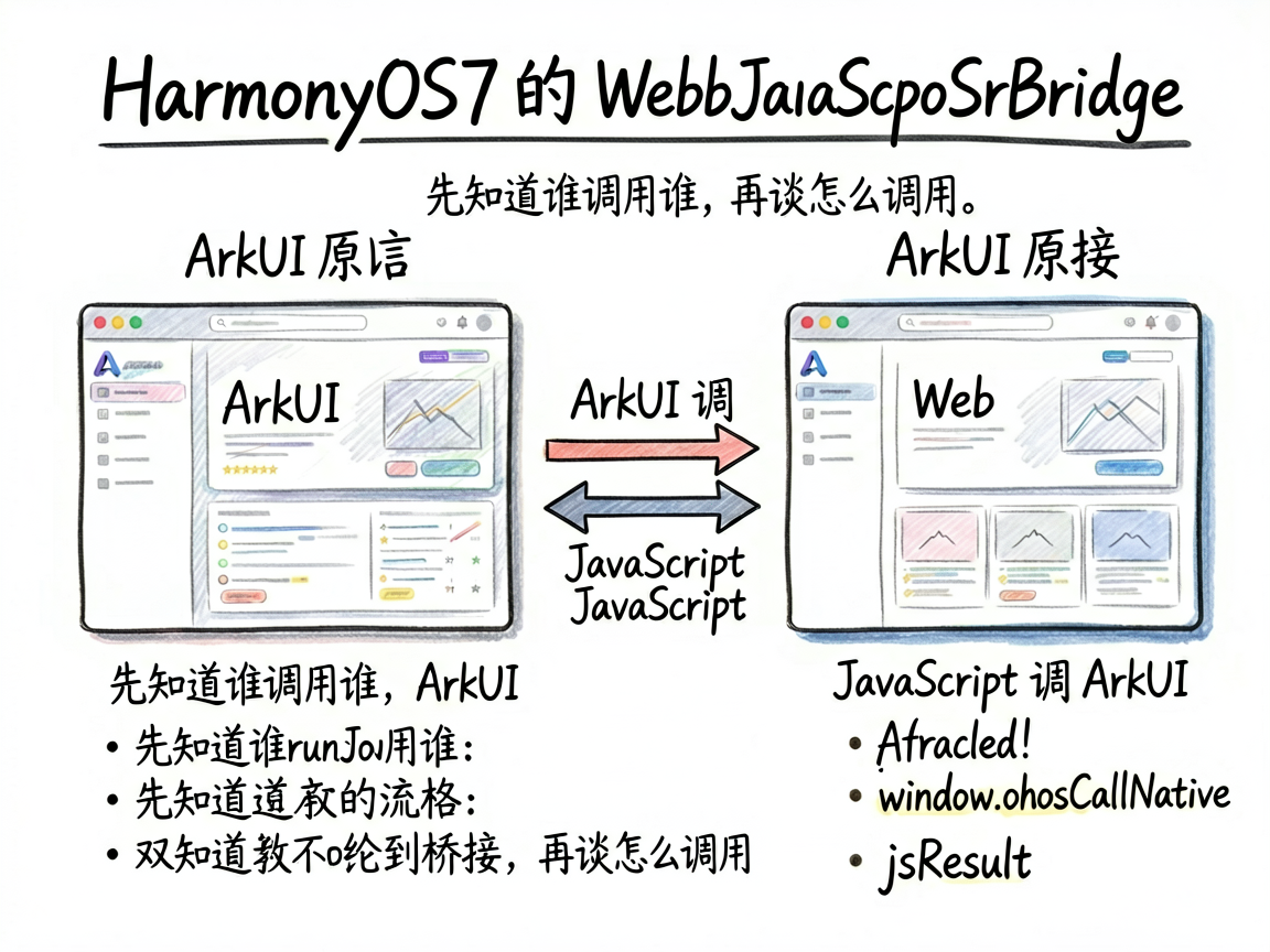手绘笔记风技术信息图,主题是 HarmonyOS7 的 WebJavaScriptBridge 双向