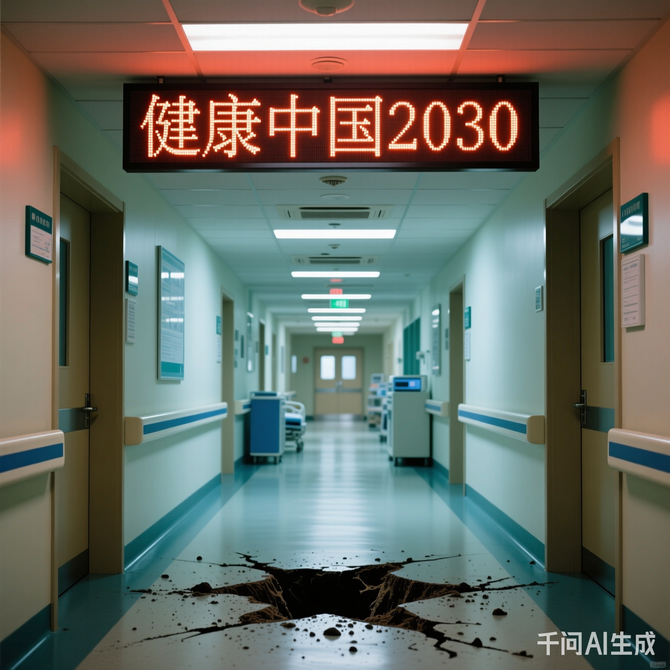 医院走廊里电子屏闪烁着"健康中国2030"标语