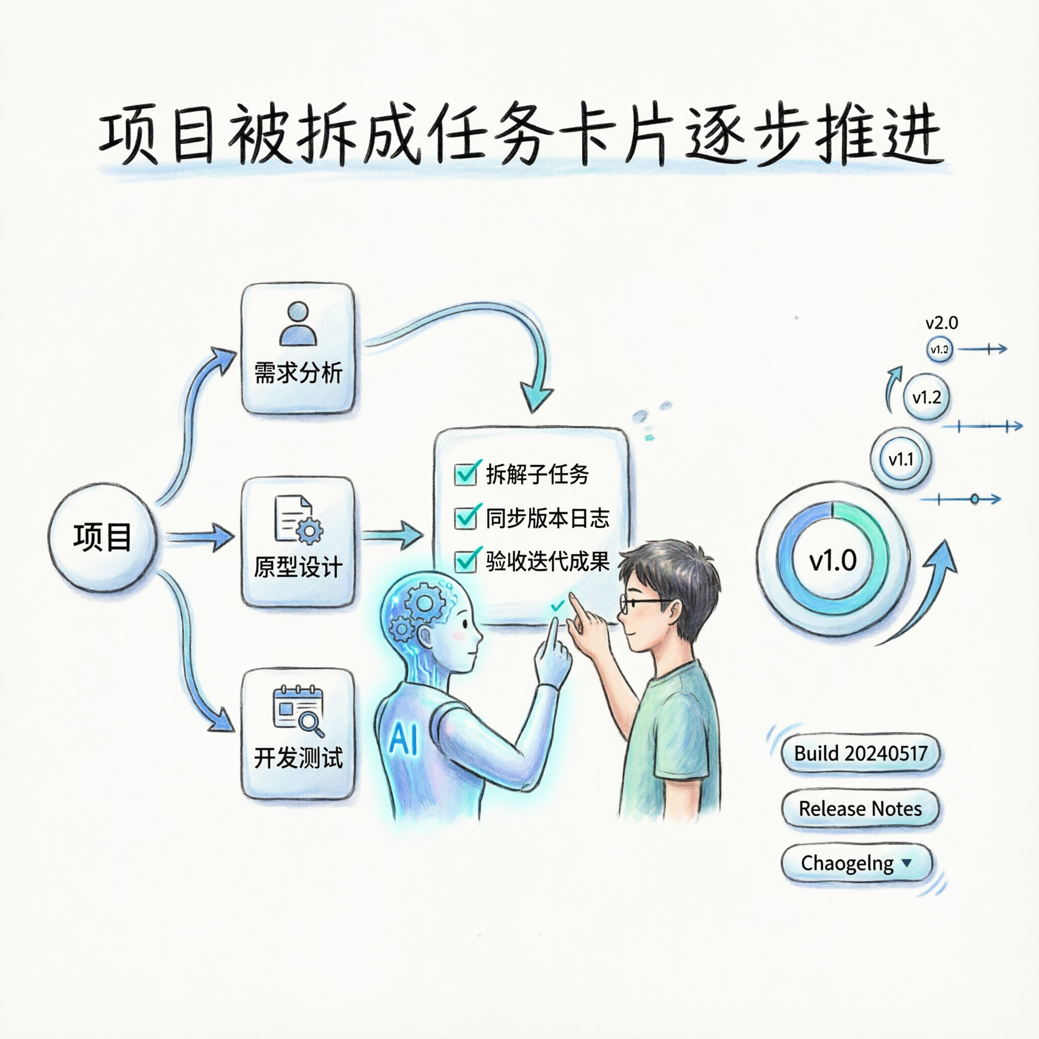 项目被拆成卡片逐步推进AI和新手一起勾选任务清单的手绘信息图