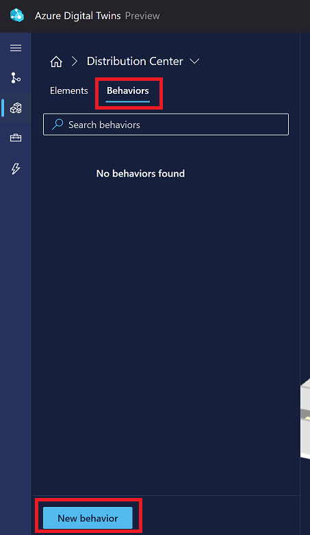 3D 场景工作室中“新行为”按钮的屏幕截图。