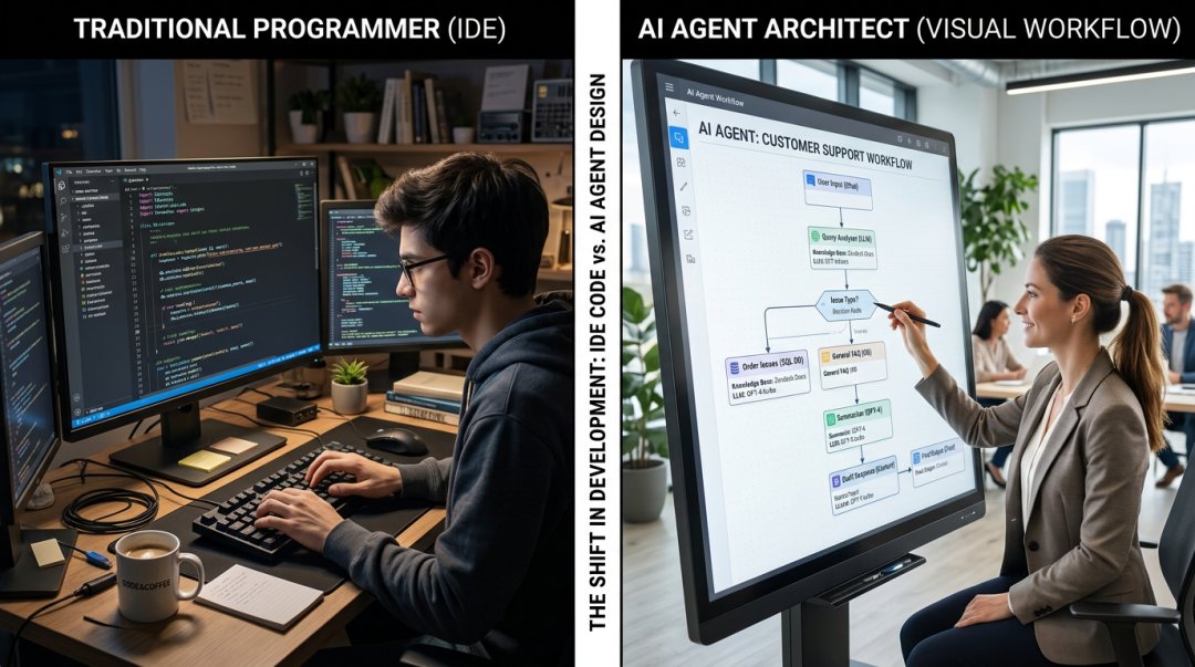 一张对比图：左侧是传统程序员在IDE中写代码，右侧是AI Agent架构师在可视化面板上设计智能体工作流。