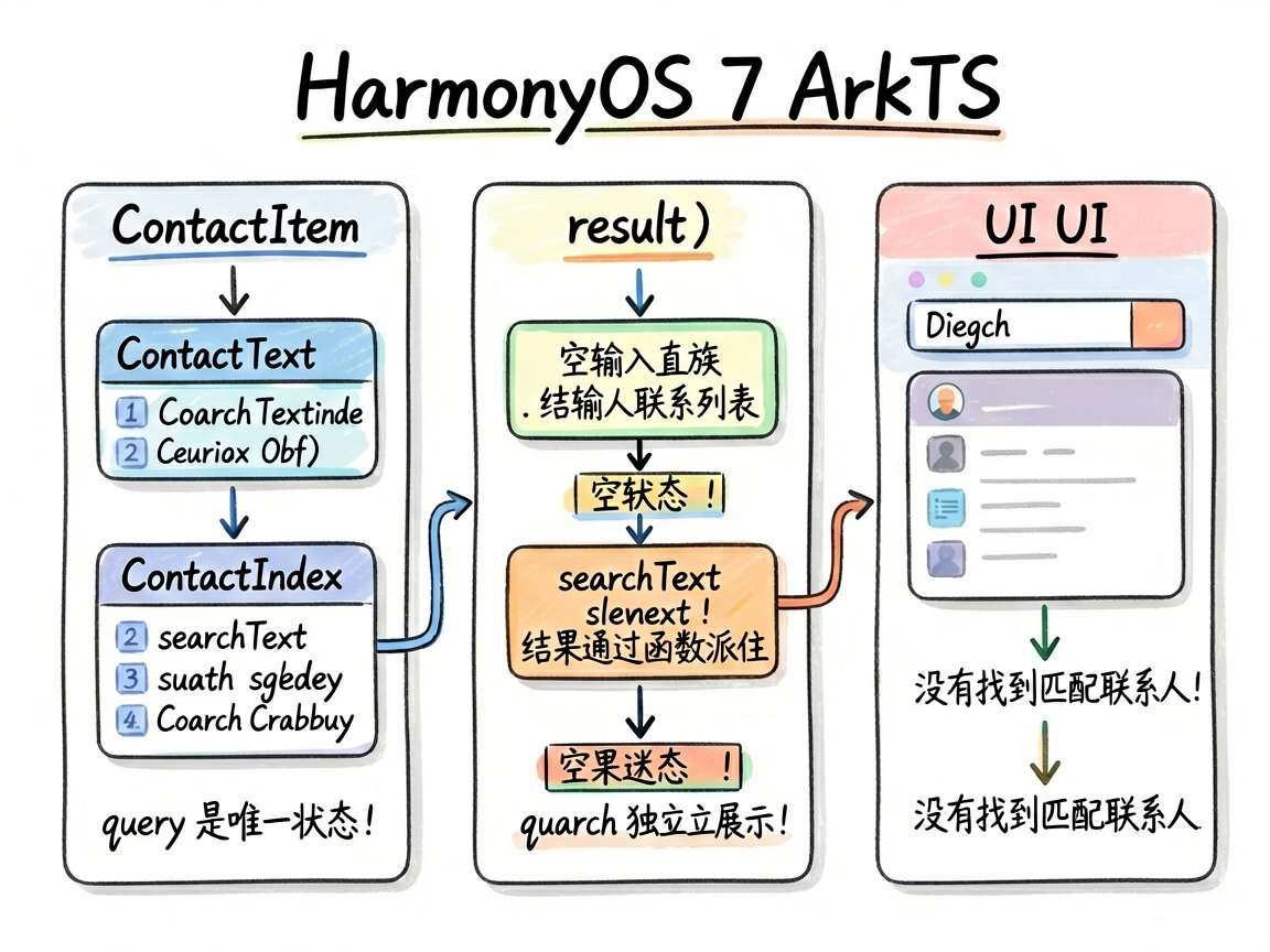 一张用于解释代码核心逻辑的手绘信息图,主题是 HarmonyOS 7 ArkTS 联系人搜索示例。画