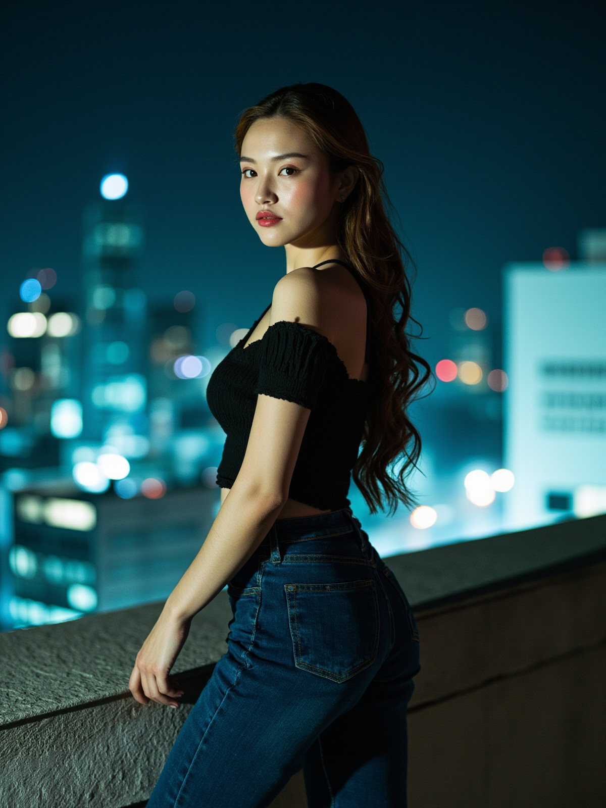 夜间城市天台成年时装壁纸,浅栗色空气感C卷发模特穿深色不透视短款上衣与深蓝色低腰紧身全长牛仔裤