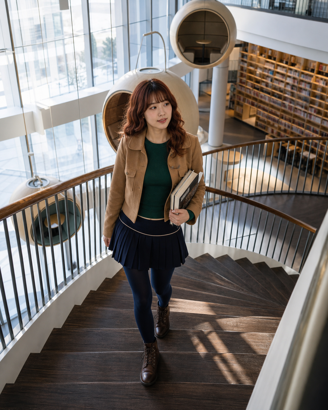 螺旋图书馆中穿深海军蓝成年学院风百褶裙的亚洲成年女性