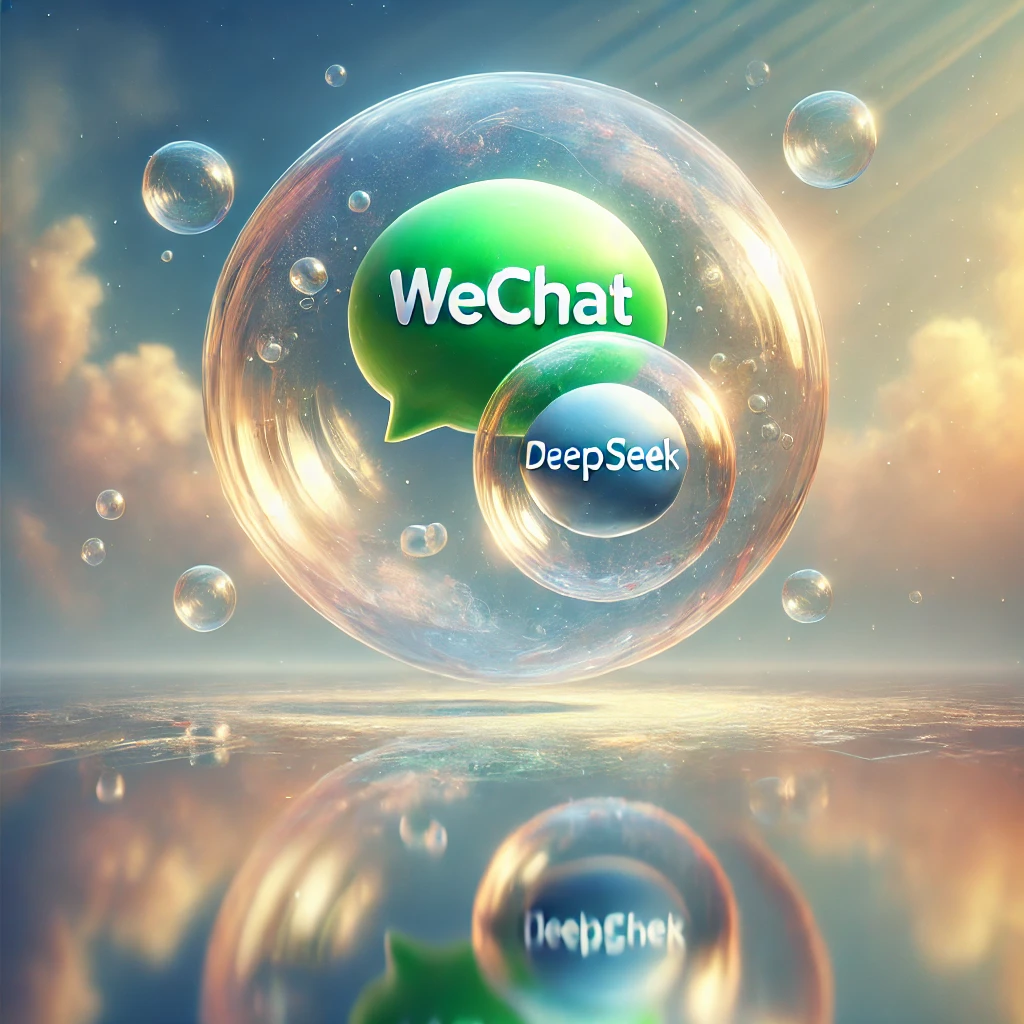 DALL·E 2025-02-17 10.58.18 - A surreal image showing a large, transparent bubble containing the word 'WeChat' written in green, with a smaller, transparent bubble inside it. The i