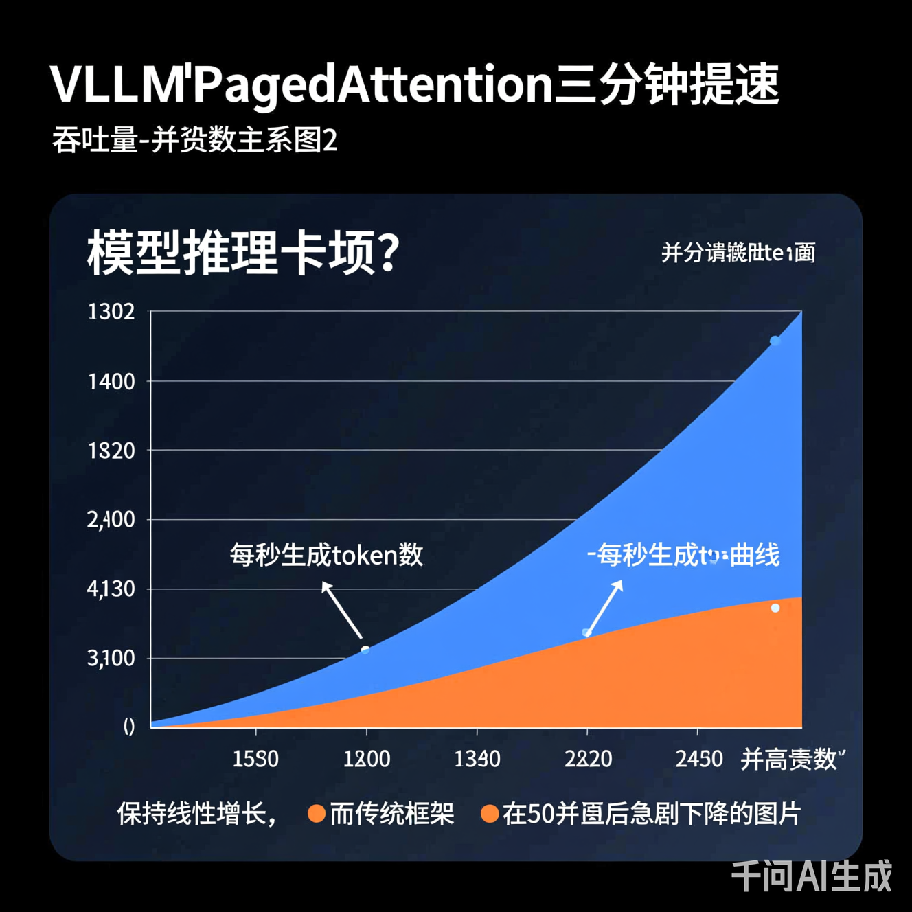 图2：吞吐量-并发数关系曲线。横轴为并发请求数，纵轴为每秒生成token数。PagedAttention曲线（蓝色）在高并发下保持线性增长，而传统框架（橙色）在50并发后急剧下降