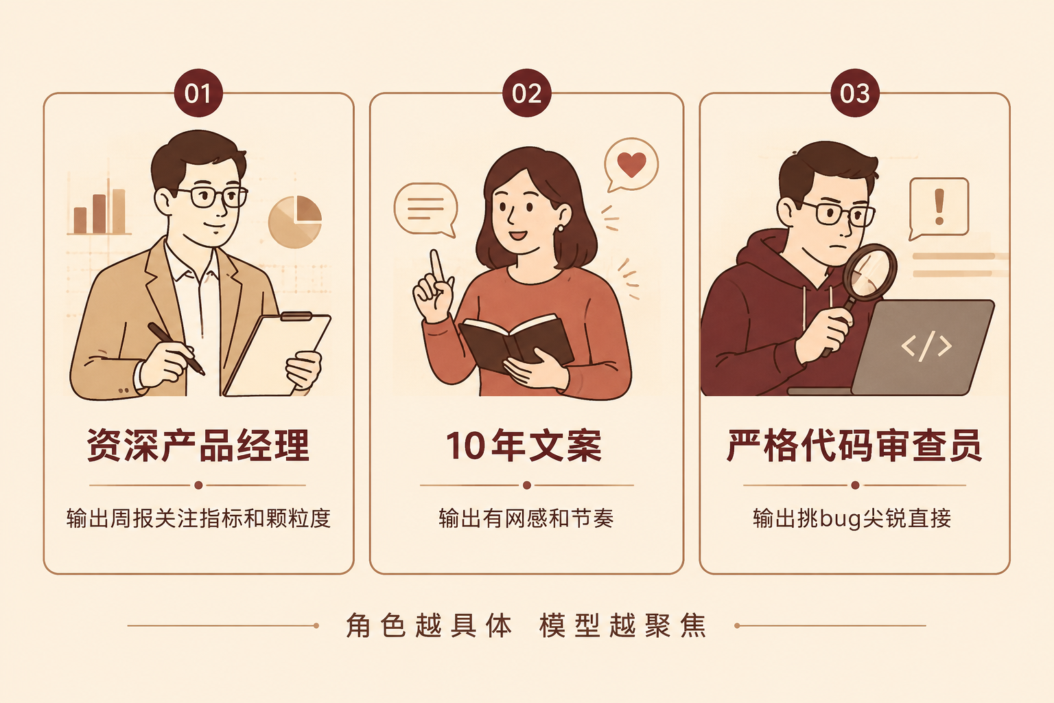 三个角色卡对比:产品经理 / 文案 / 代码审查员