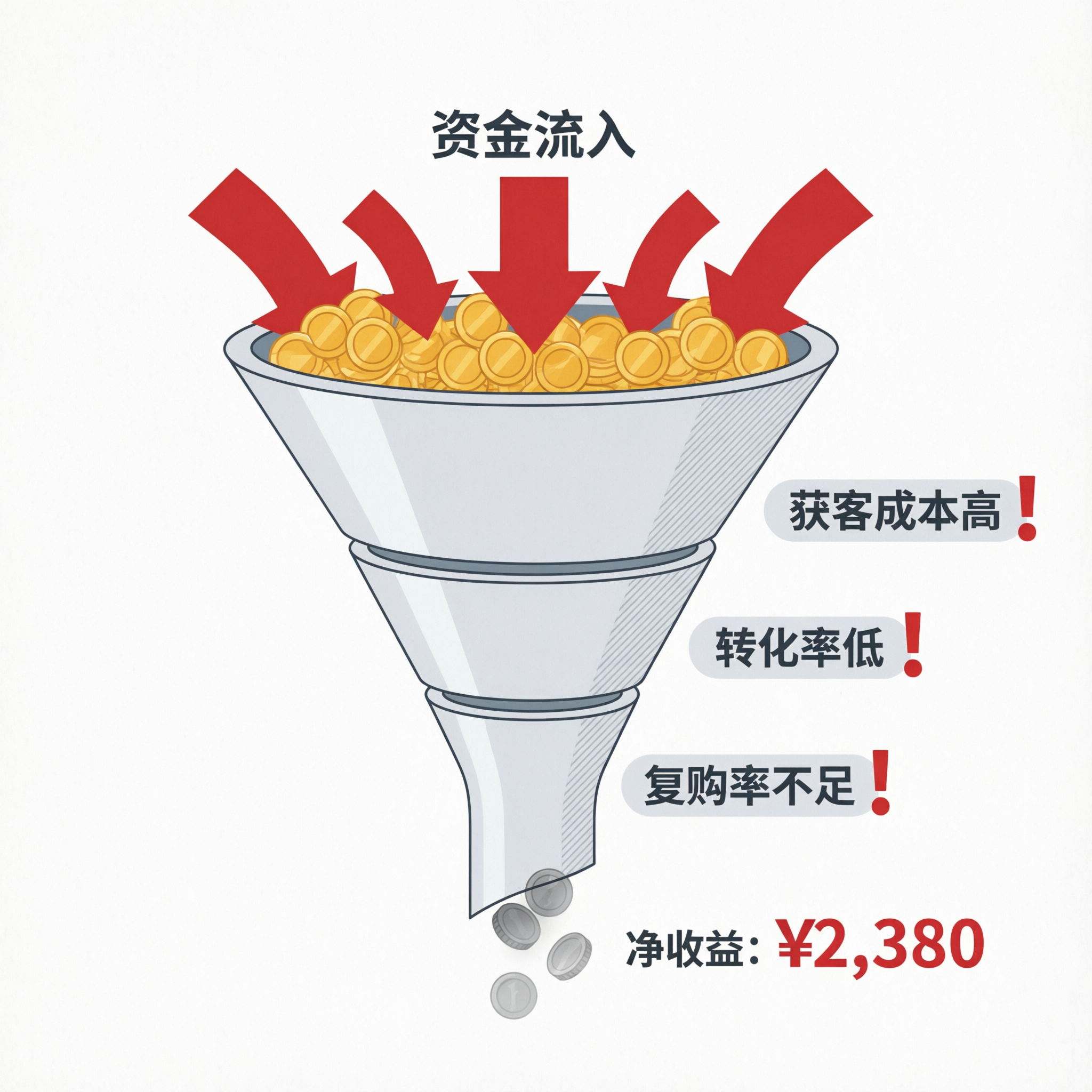 商业漏斗图，钱进去留不住，信息图风格，红色警示色调