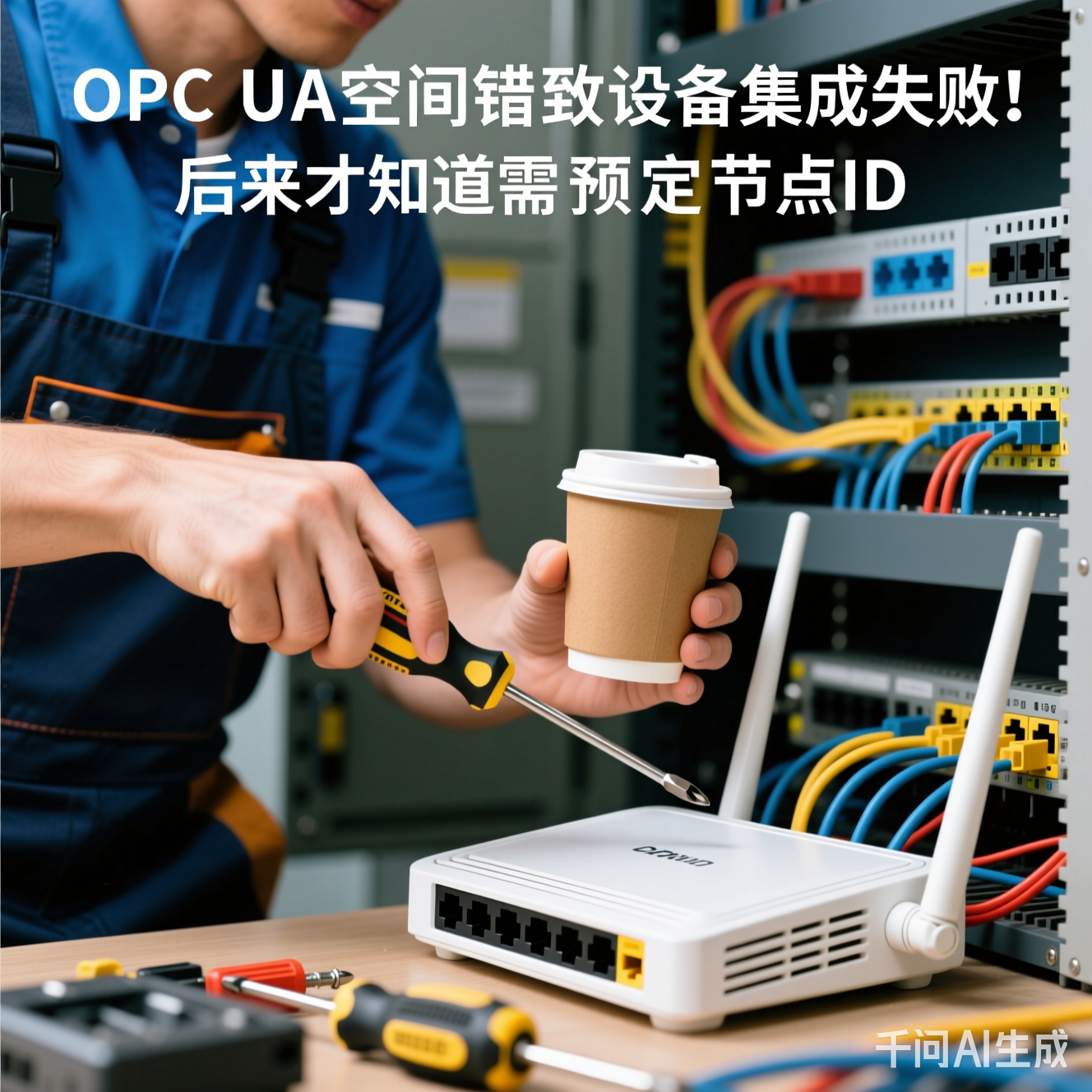 运维人员拿着螺丝刀和咖啡杯修理路由器