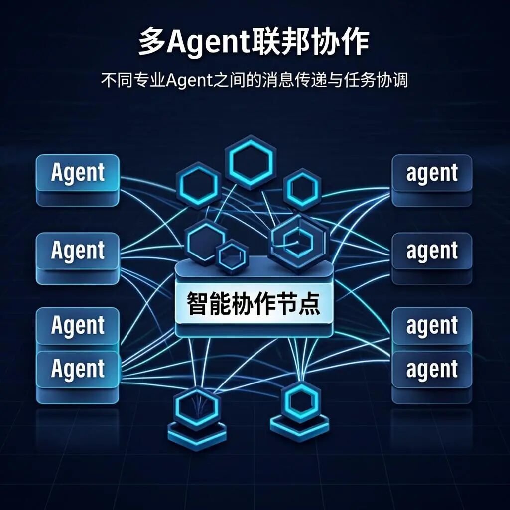 生 多Agent联邦协作架构图，展示不同专业Agent之间的消息传递与任务协调
