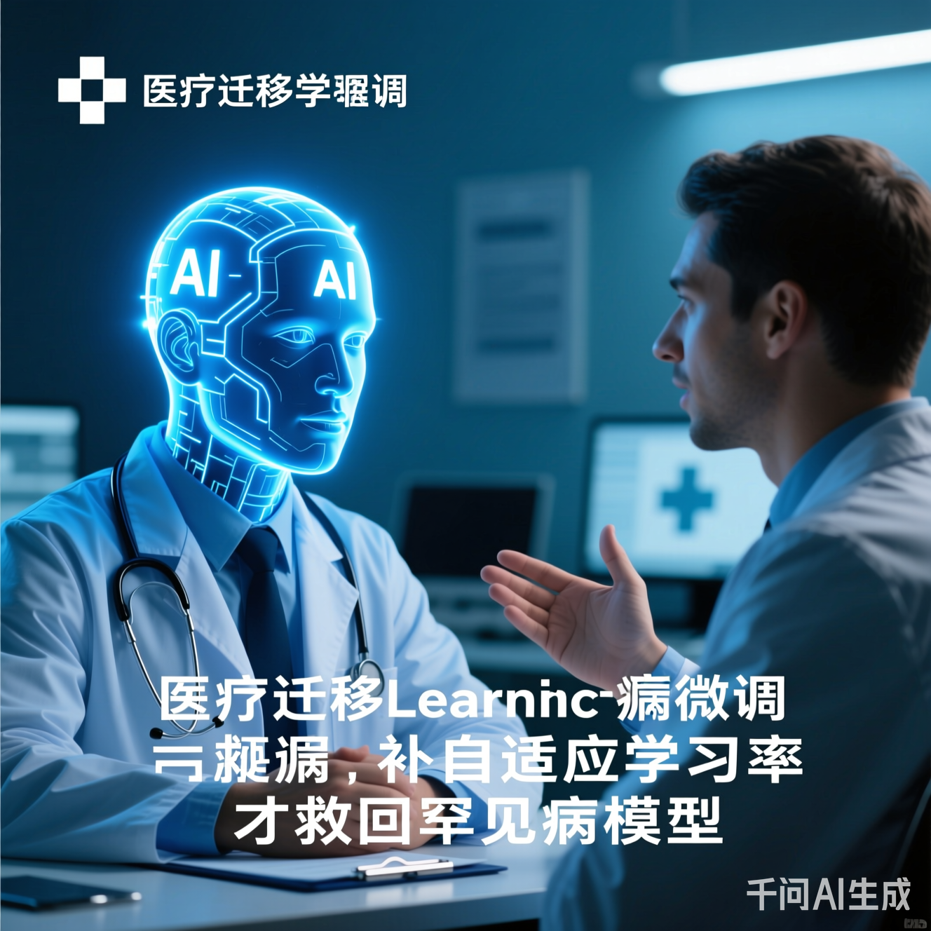 医生与AI对话的场景，AI头像闪烁着科技蓝光