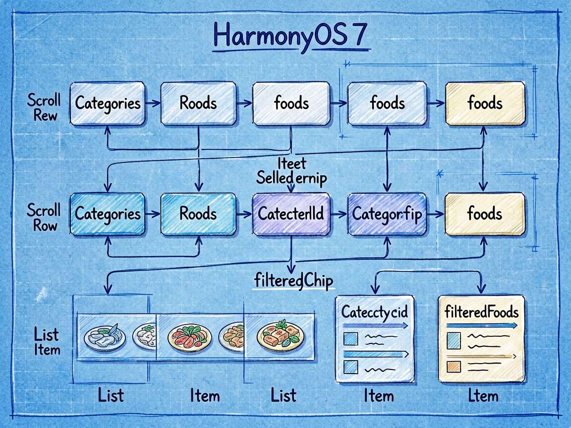 手绘蓝图式框架图，主题是 HarmonyOS7 横向滚动分类栏的组件结构与状态驱动关系。画面分成上中