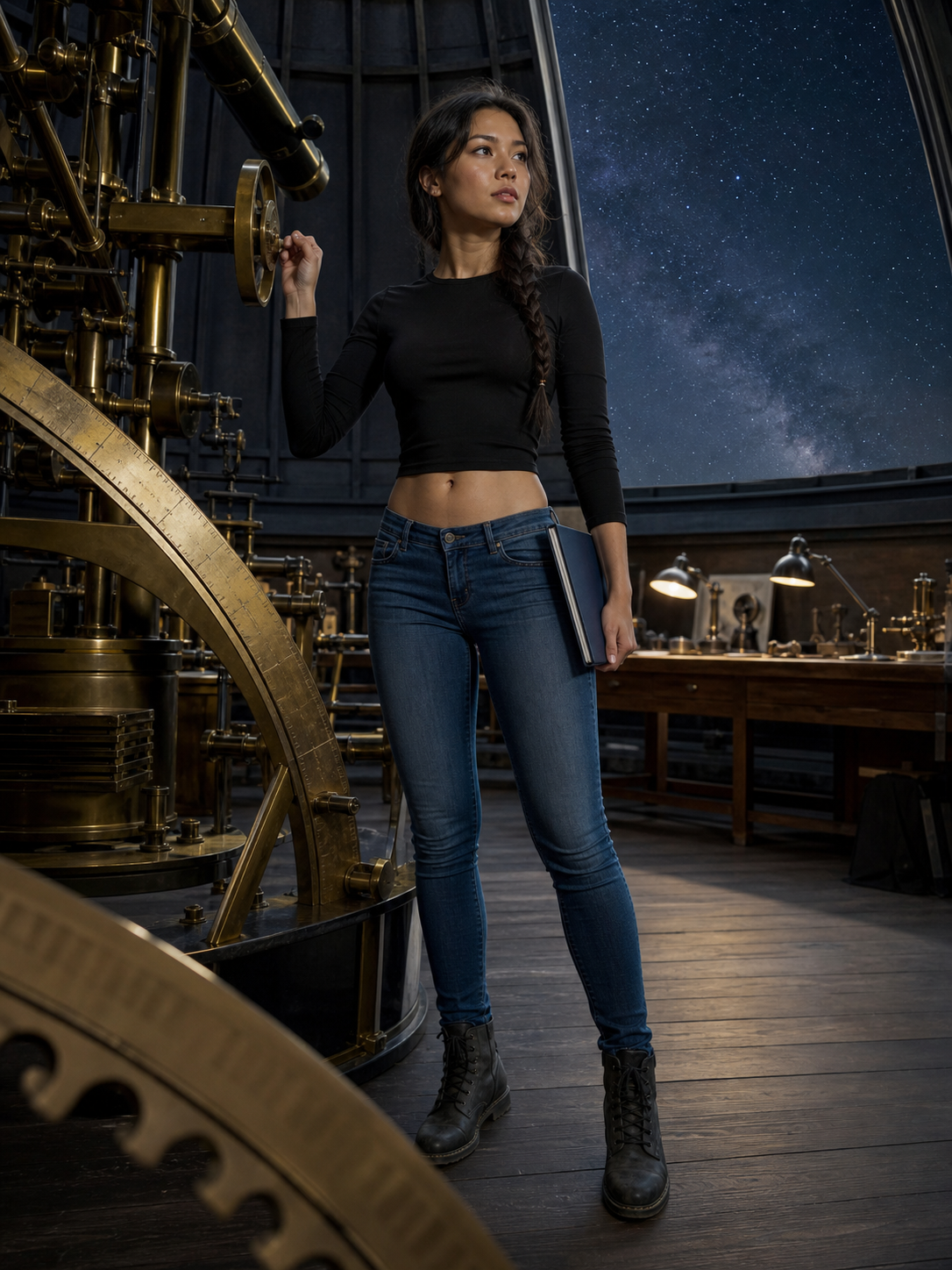 历史星轨仪工作室中穿蓝色低腰紧身全长牛仔裤的亚洲成年女性