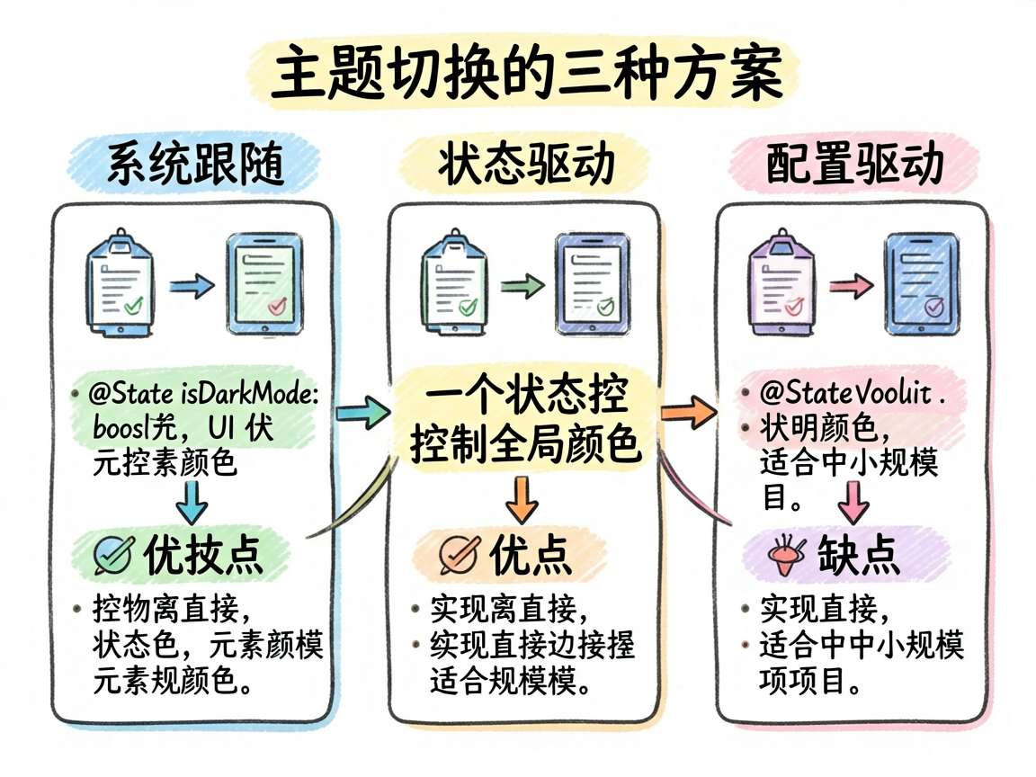 为文章中“设计思路”部分绘制一张手绘框架图，标题围绕“主题切换的三种方案”。画面分成三列对比：系统跟