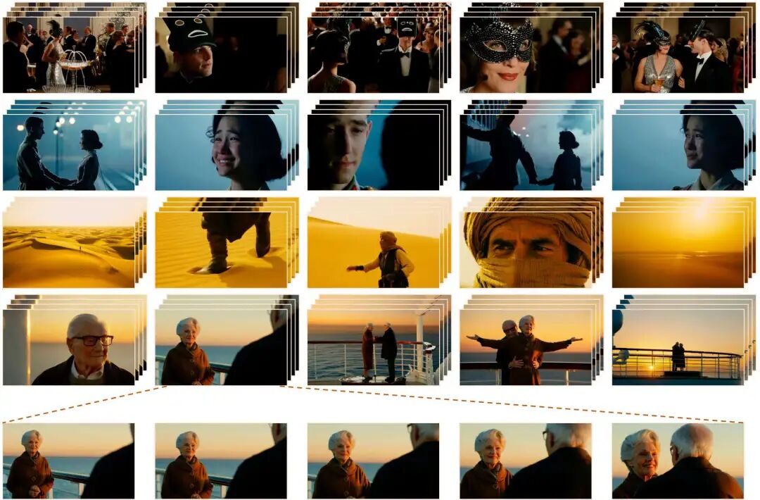 图 1.仅凭文字提示,HoloCine 就能整体生成连贯的电影多镜头视频叙事。图中展示了我们模型的多功能性,包括各种原创场景(前三行)和向《泰坦尼克号》致敬的电影场景(后三行)。所有场景都表现出卓越的角色一致性和叙事连贯性。最后一排的扩展画面展示了流畅的镜头内运动和质量。