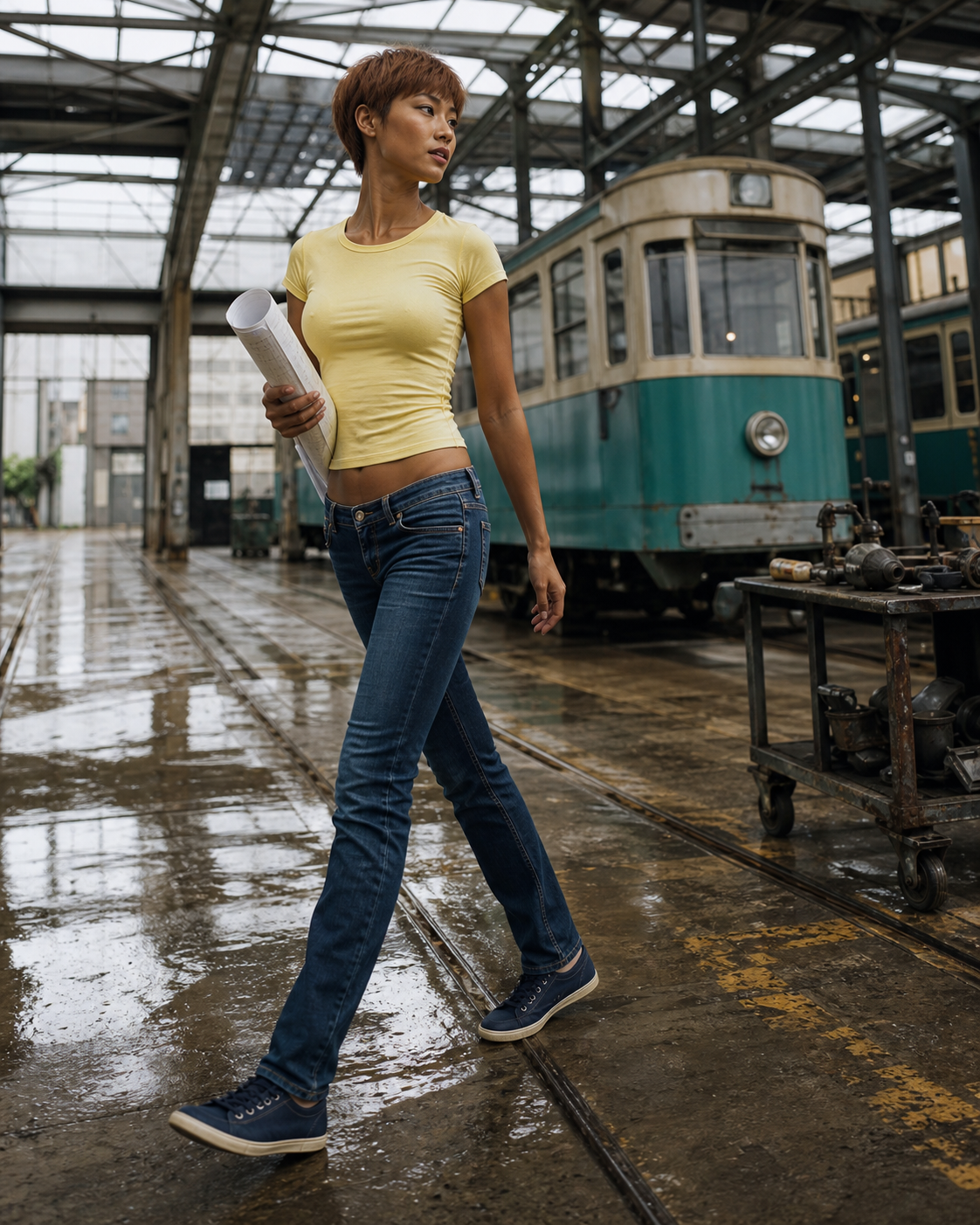 雨天旧电车库中穿靛蓝紧身牛仔裤的亚洲成年女性