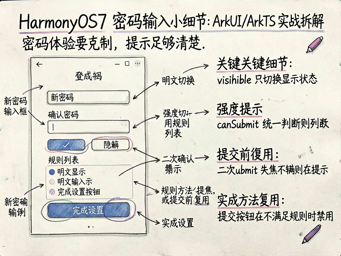 为《HarmonyOS7 密码输入框的小细节:ArkUI/ArkTS 实战拆解》绘制一张手绘笔记风信