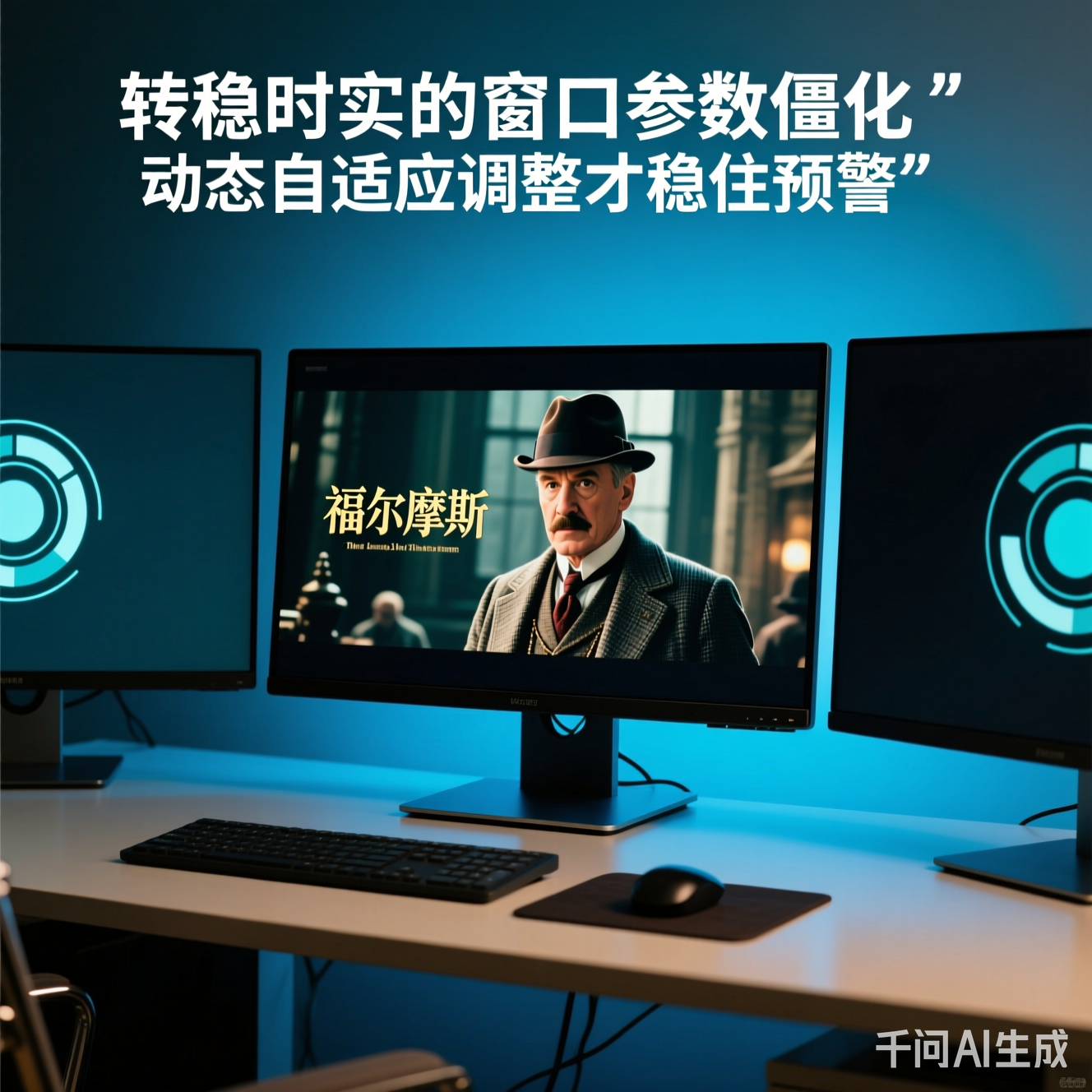 桌上摆着三台显示器，中间那台正在播放《福尔摩斯》