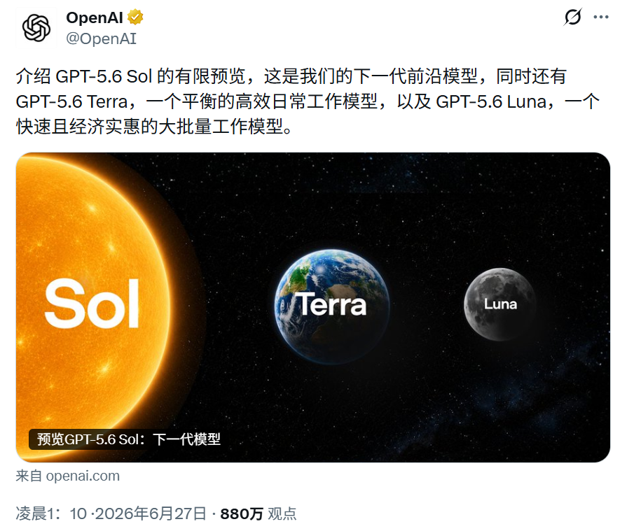 OpenAI在X上宣布GPT-5.6 Sol、Terra、Luna三款模型。