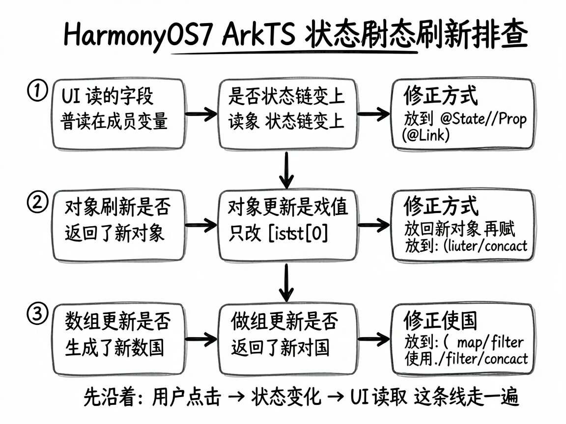 为一篇关于 HarmonyOS7 ArkTS 状态刷新排查的中文技术文章绘制一张 sketch-no