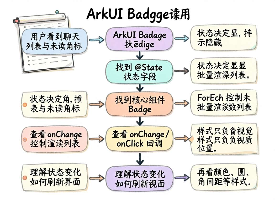 一张手绘流程图风格配图,表现文章中的 ArkUI Badge 页面阅读与理解流程。流程从“用户看到聊