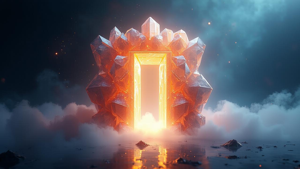 A surreal digital gateway floating in a misty void