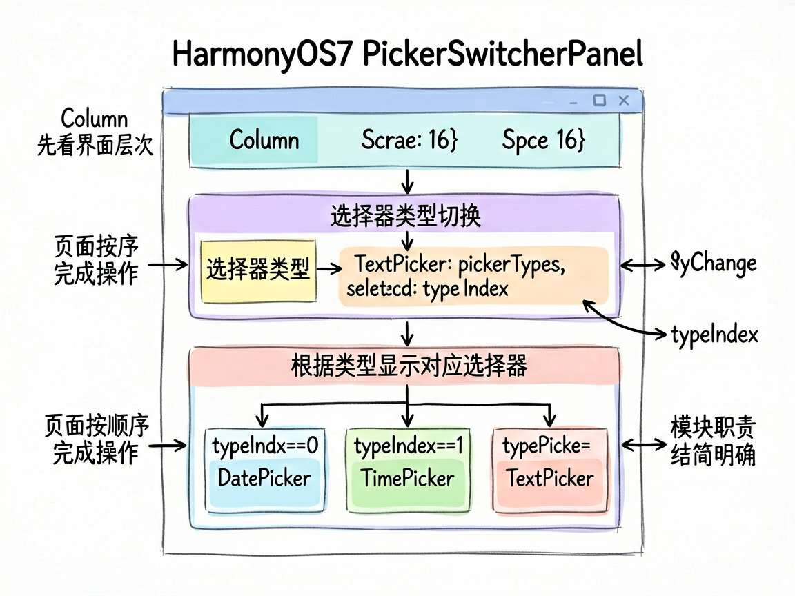 根据文章“先看界面层次”这一段，画一张手绘框架图，主题是 HarmonyOS7 PickerSwit