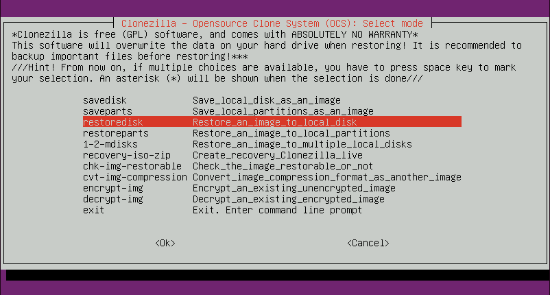 clonezilla restore disk mode