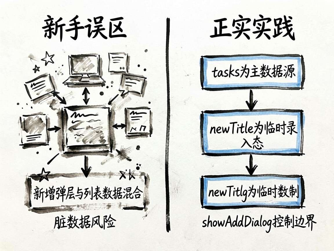 手绘墨迹笔记风格对比图:左侧为‘新手误区’,描绘混乱的状态管理,标注‘新增弹层与列表数据混合’、‘脏