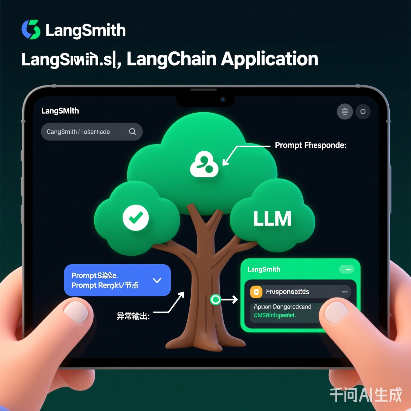 LangSmith调用树界面截图:高亮显示Prompt渲染节点与LLM响应节点,标注异常输出片段