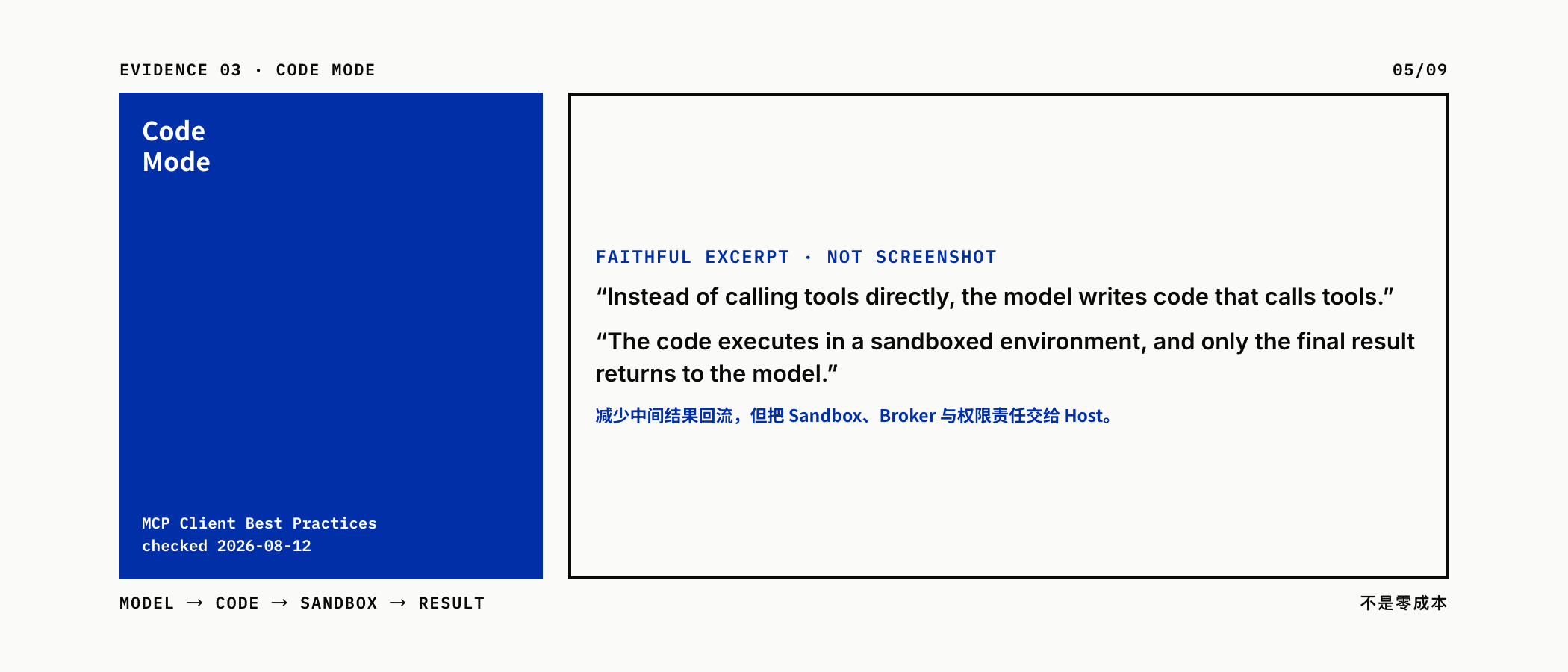 Code Mode 只回传最终结果并新增 Sandbox 责任