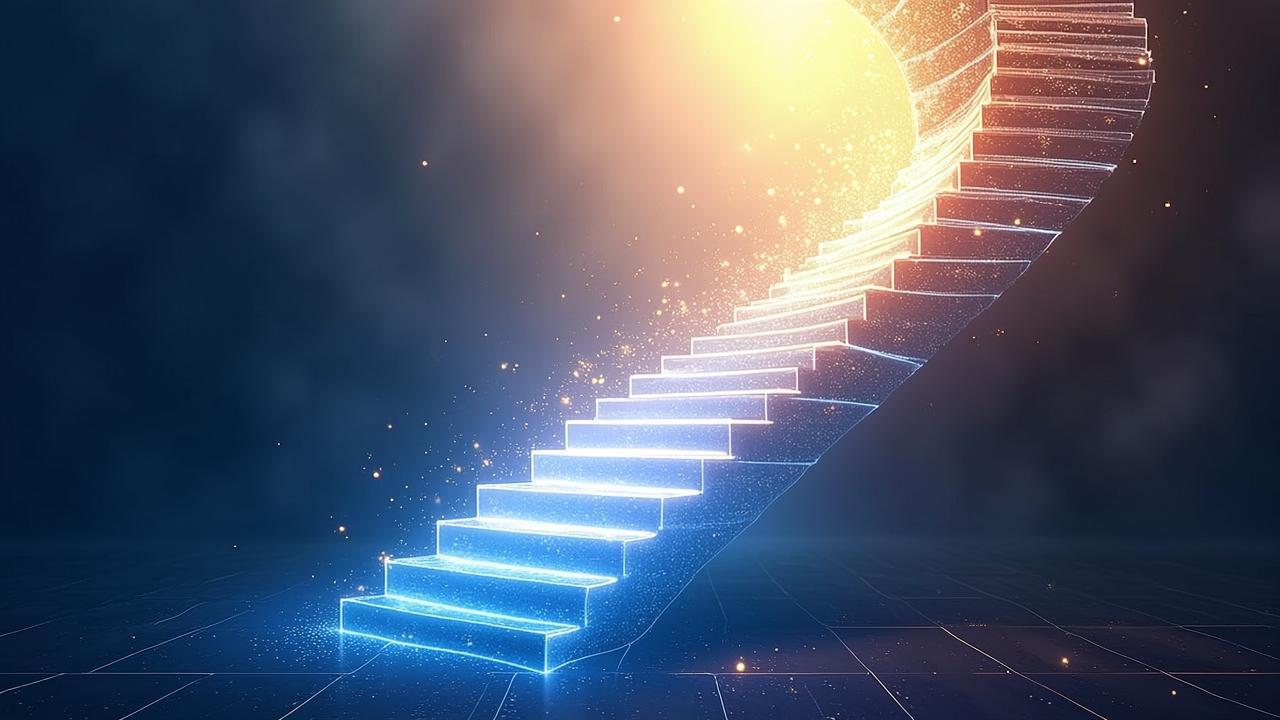 A luminous spiral staircase ascending from deep bl