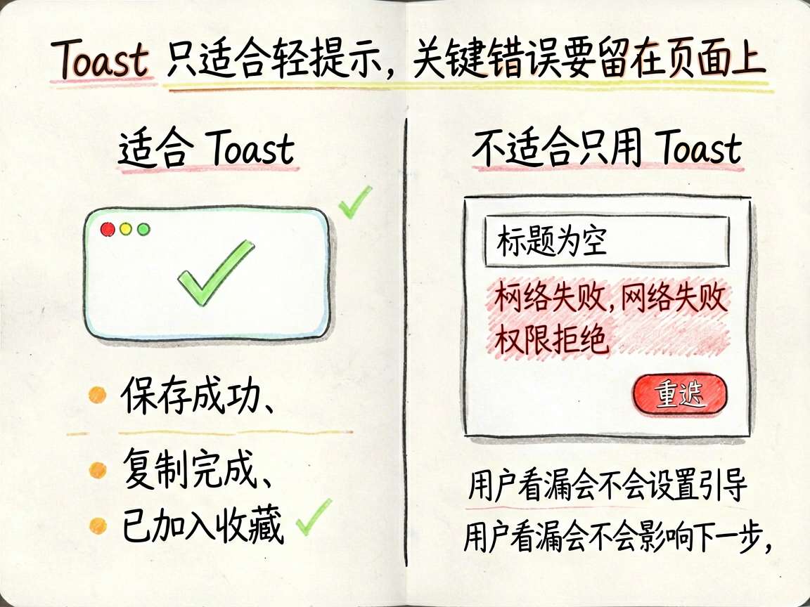 为一篇 HarmonyOS7 教程文章绘制一张手绘笔记风对比图,标题主题是“Toast 只适合轻提示