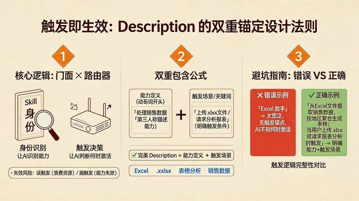 原则 3：明确触发描述:   Description 必须同时讲清「做什么 + 何时用」