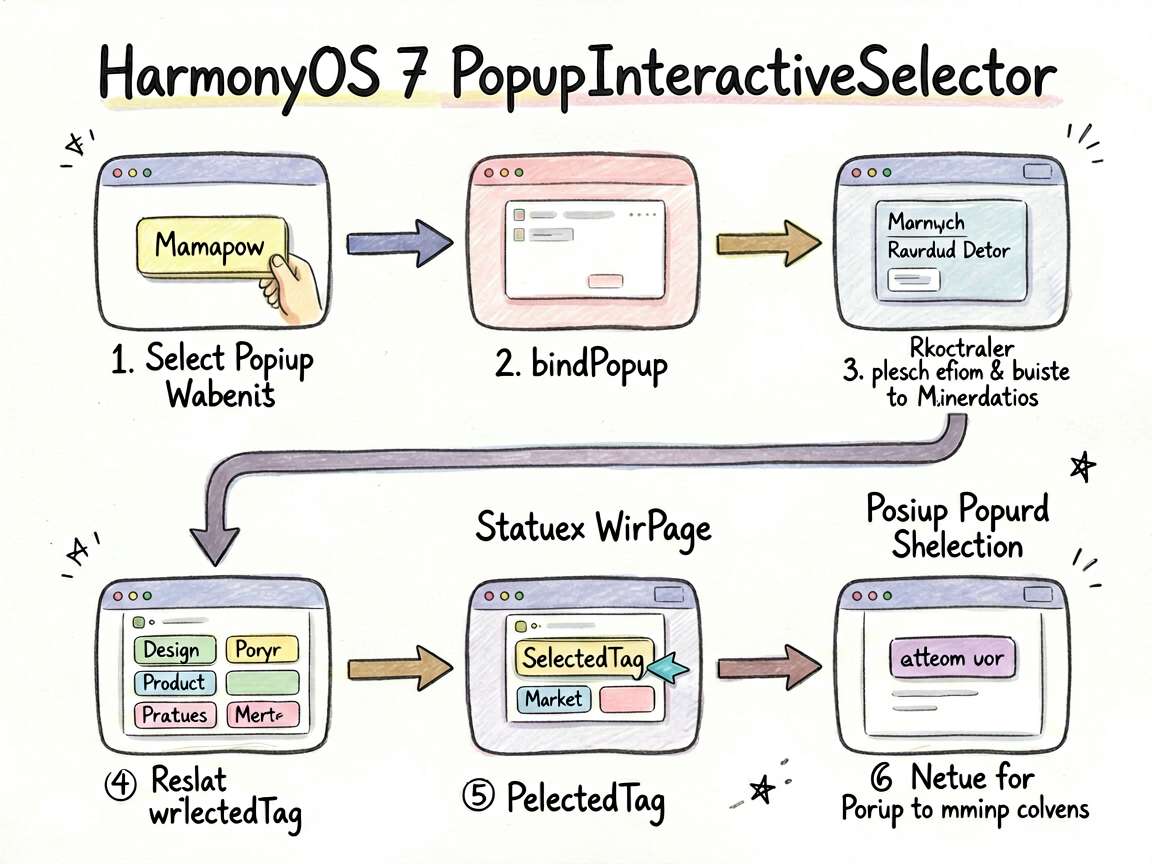 一张手绘流程图风格插图,解释 HarmonyOS7 PopupInteractiveSelector