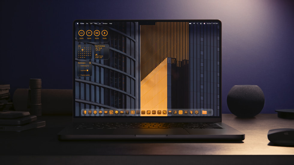 一台 MacBook Pro 上显示着设计一新的主屏幕。 
