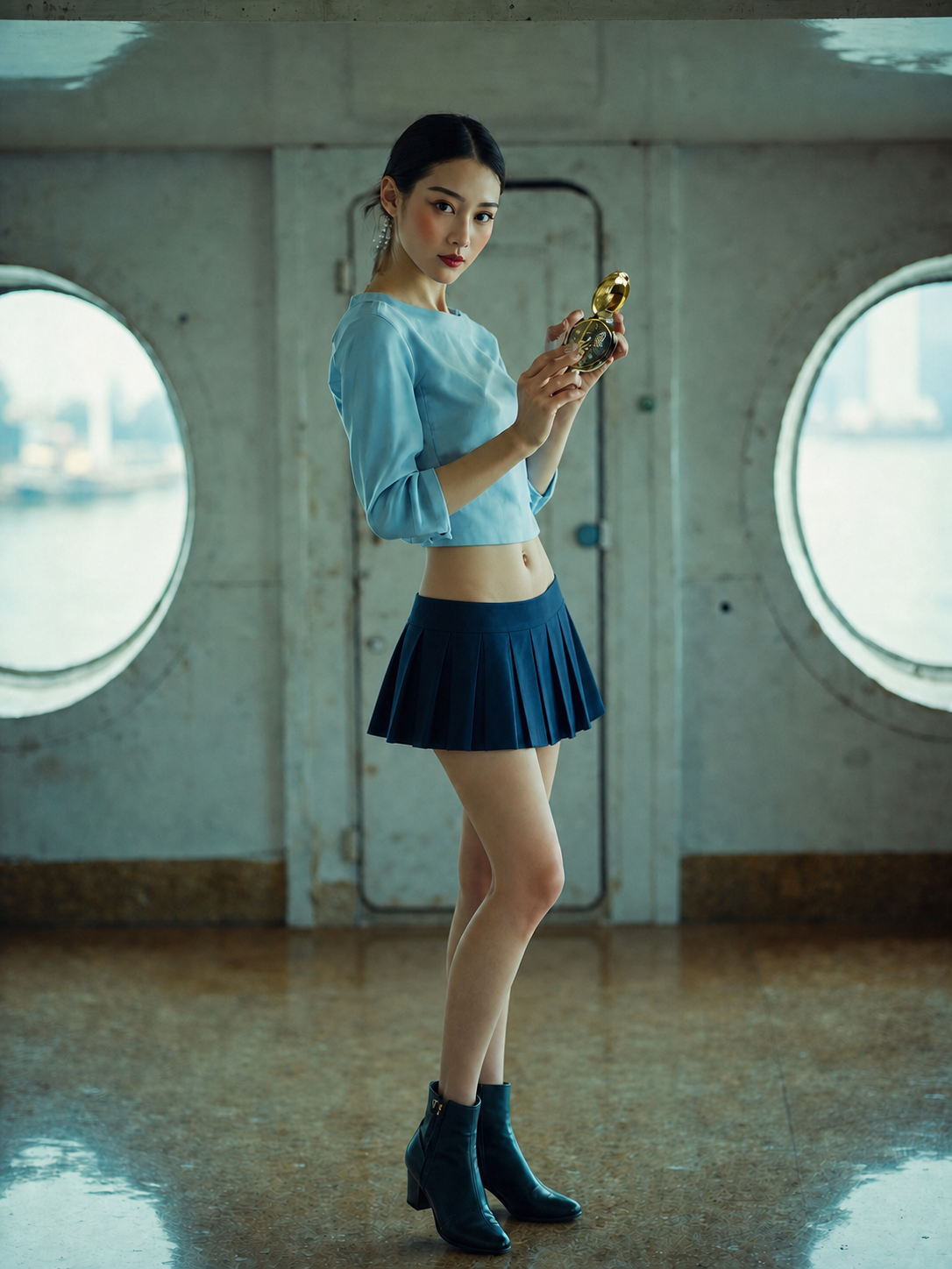 海事观测舱穿低位深蓝短百褶裙的漂亮亚洲成年女性