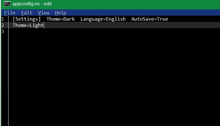 Changing the overall theme of an INI configuration file in Edit, from "'dark" to "light."