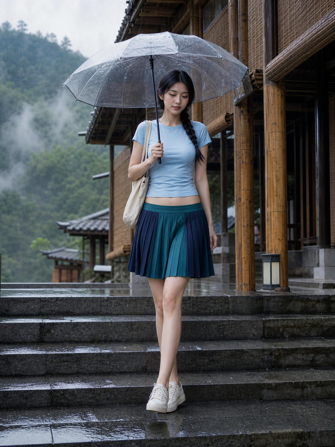 竹海雨亭中的亚洲成年女性低腰蓝绿百褶裙时装