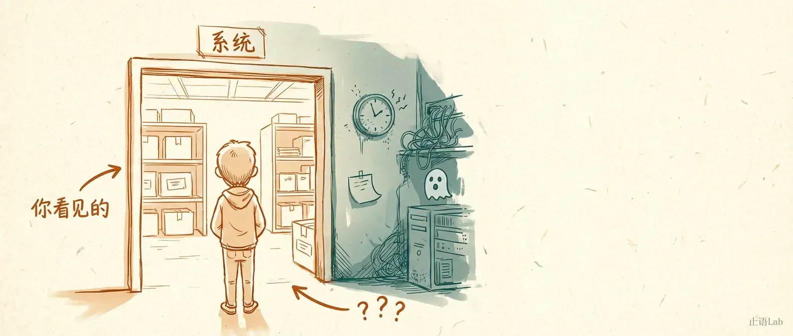 封面:工程师站在系统仓库前,可见区域整洁但角落藏着未知事物