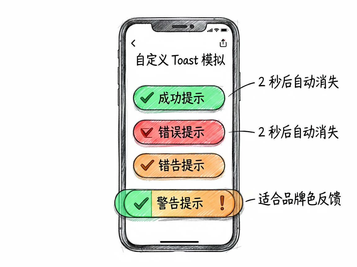 以手绘场景插图风格绘制一张移动端界面示意图,主题是 HarmonyOS7 自定义轻提示样式 Cust