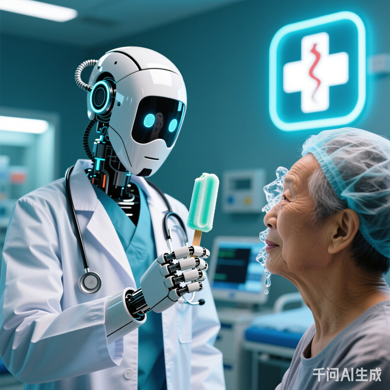 机器人医生拿着冰棍给患者降温